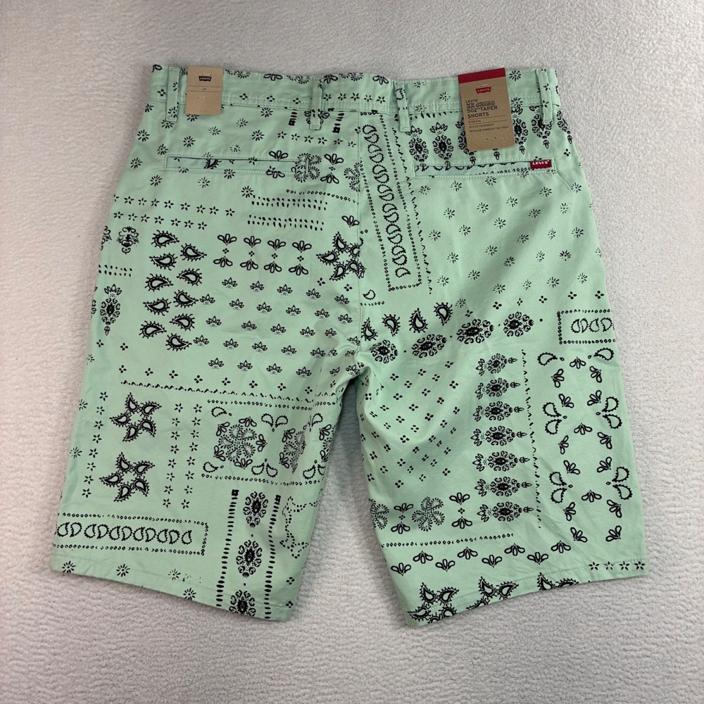 Levis XX Chino Shorts Men 34x11 Green Bandana Paisley AOP Stretch 502 Taper‎ NWT